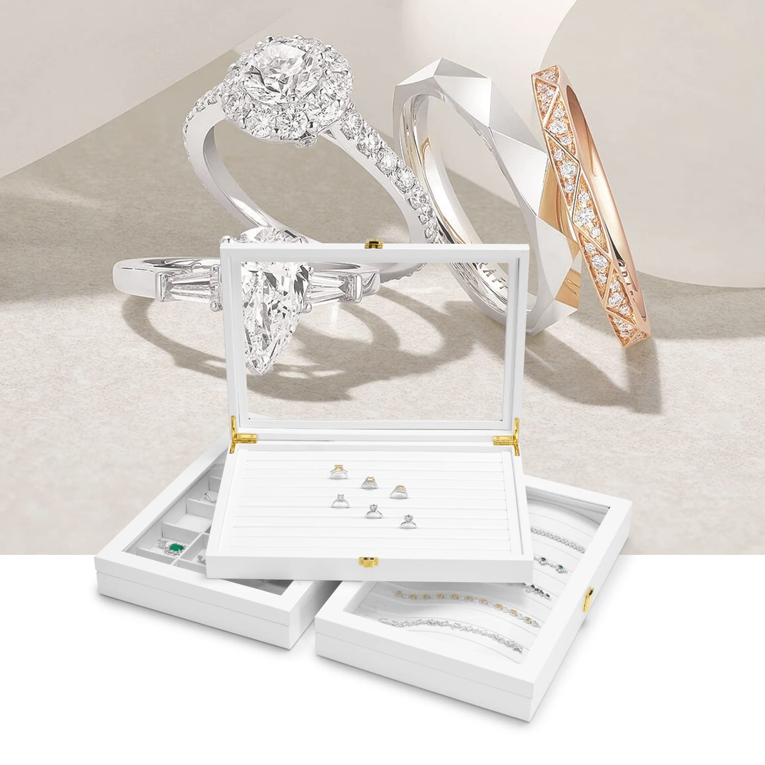 Oirlv White Jewelry Organizer Tray with Acrylic Lid Premium Leather Jewelry B...