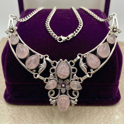 Pink Rose Quartz Gemstone Handmade 925 Sterling Silver Jewelry Necklace 18'' ADJ