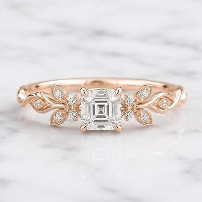 Asscher Cut Nature Inspire Engagement Ring Rose Gold Plated Delicate Ring Her