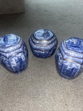 Ringtons Millennium  Blue & White 6 Sided Tea Caddy. Displays Cathedrals/Abbey