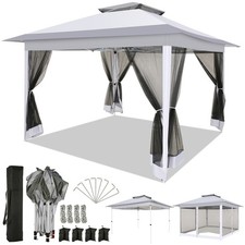 Gazebo 3,65mx3,65m Impermeabile Doppio Tetto Pieghevole Tenda da Giardino con Zanzariera