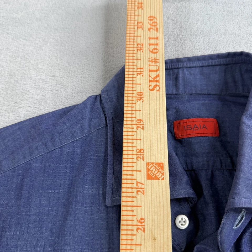 Camisa Isaia Napoli Cambray Para Hombres 16.5 42 Algodón Abotonado Italia Corte Azul Foto 3 de 4
