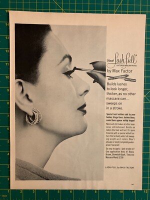 1963 Vintage Max Factor Lash Full Mascara Wand Woman Makeup Face Print Ad M1