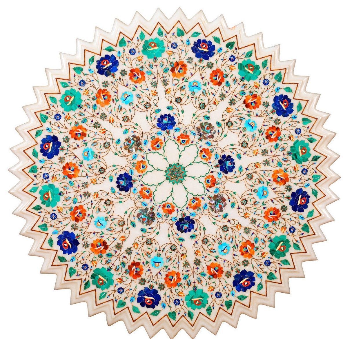 24 Inch Handmade Floral Inlay Center Table with Semi-Precious Stones