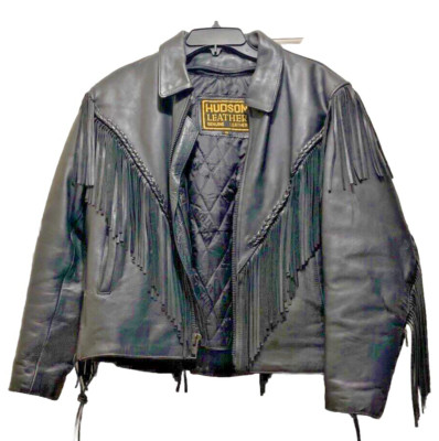 VTG Hudson Black Leather Fringe Jacket Biker Womans Size M Removable Lining