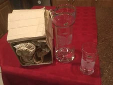 Tall  Etched Glass Pitcher And 6 Glasses