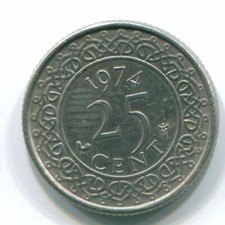 25 CENTS 1974 SURINAME Netherlands Nickel Colonial Coin #S11238C