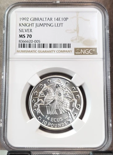 1992 GIBRALTAR SILVER 10 POUNDS MEDIEVAL KNIGHT JUMPING LEFT NGC MS 70 POP 1