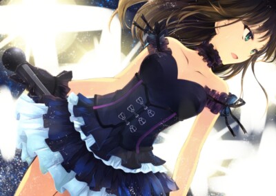 Anime girls microphone dark hair green eyes dress aqua CCG Gaming Mat Desk