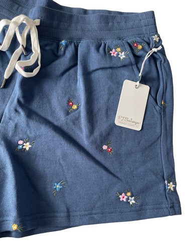 NWT PJ Salvage Women Large Blue Embroidered Micro Floral Lounge Shorts Soft #PQ4 - Picture 4 of 11