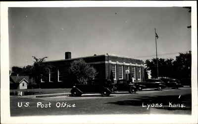 Lyons Kansas KS Post Office & Cars Real Photo Postcard