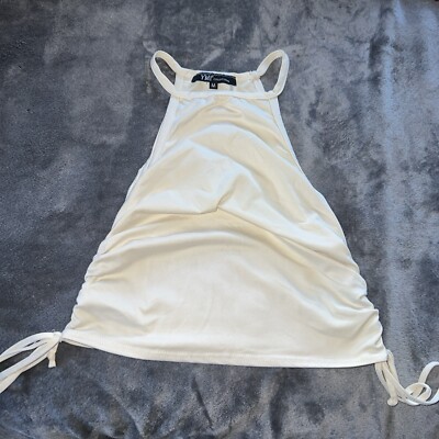 YMI Womens  M Sleeveless Spaghetti Strap Crop Top Tank Solid Tan Side Ruched
