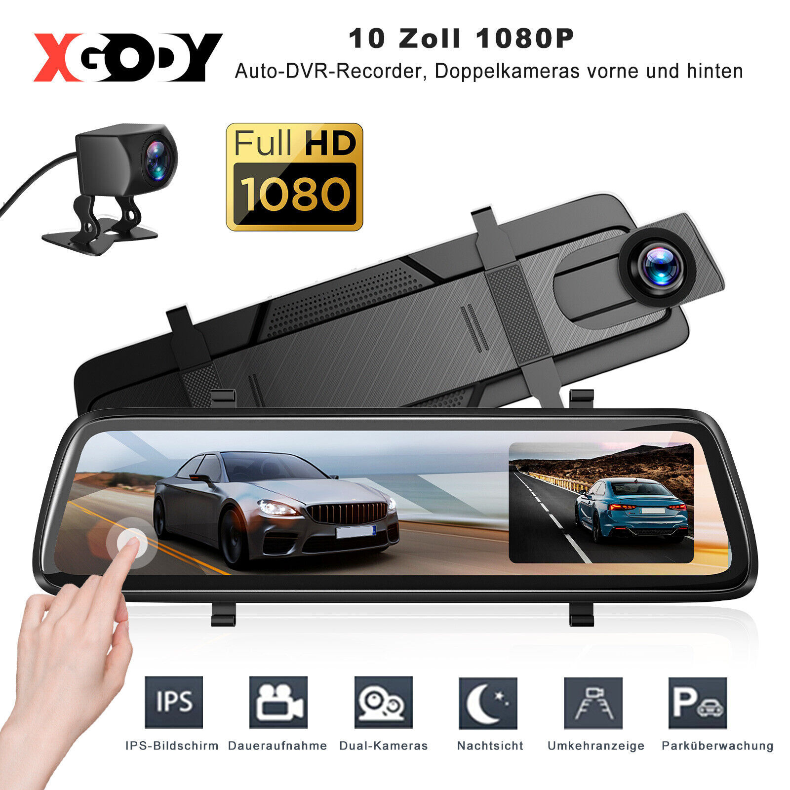 NHOPPEW 4-Kanal Dashcam Rückspiegel - 12 Zoll Mit GPS, WLAN, Parküberwachung