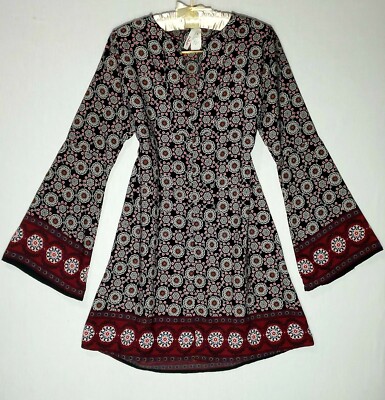 HEARTS Shift dress M Long bell Sleeves Symmetrical Floral