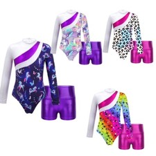 Kinder Mädchen Metallic Gymnastikanzug Turnanzug Langarm Tanz Trikot mit Shorts