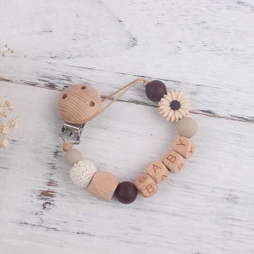Neu Schnullerkette mit Namen Blume aus Silikon Natur Holz Junge&Mädchen Geschenk - Bild 11 von 16