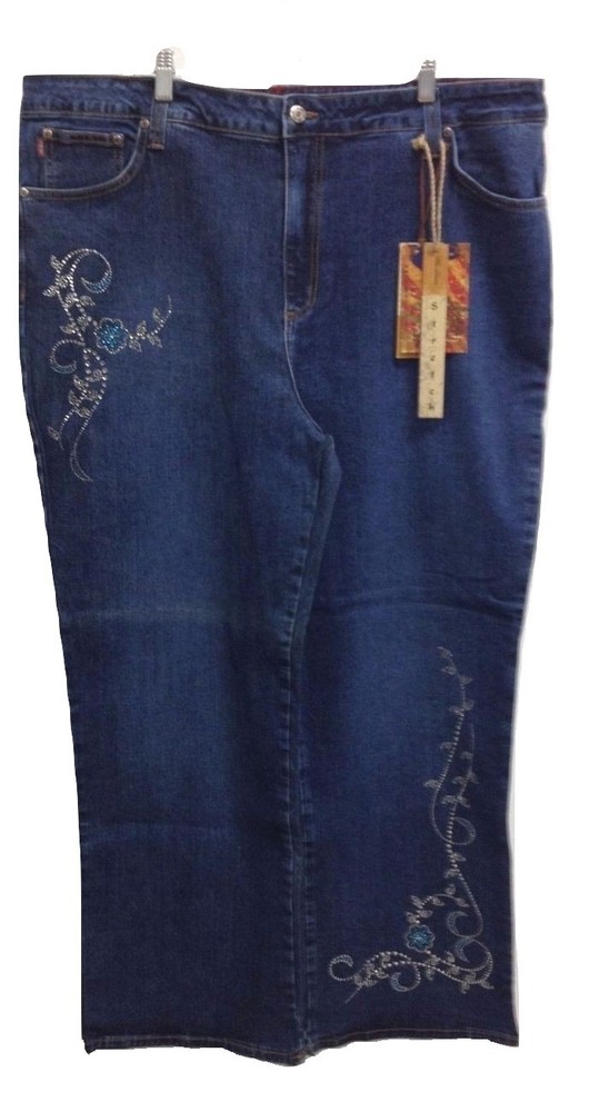 New MU Makers USA Blue Stretch Denim Rhinestone Stud Floral Jeans $148 price