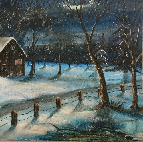 Painting Moonlit Winter Scene Cozy Cottage in the Country - Picture 5 of 8