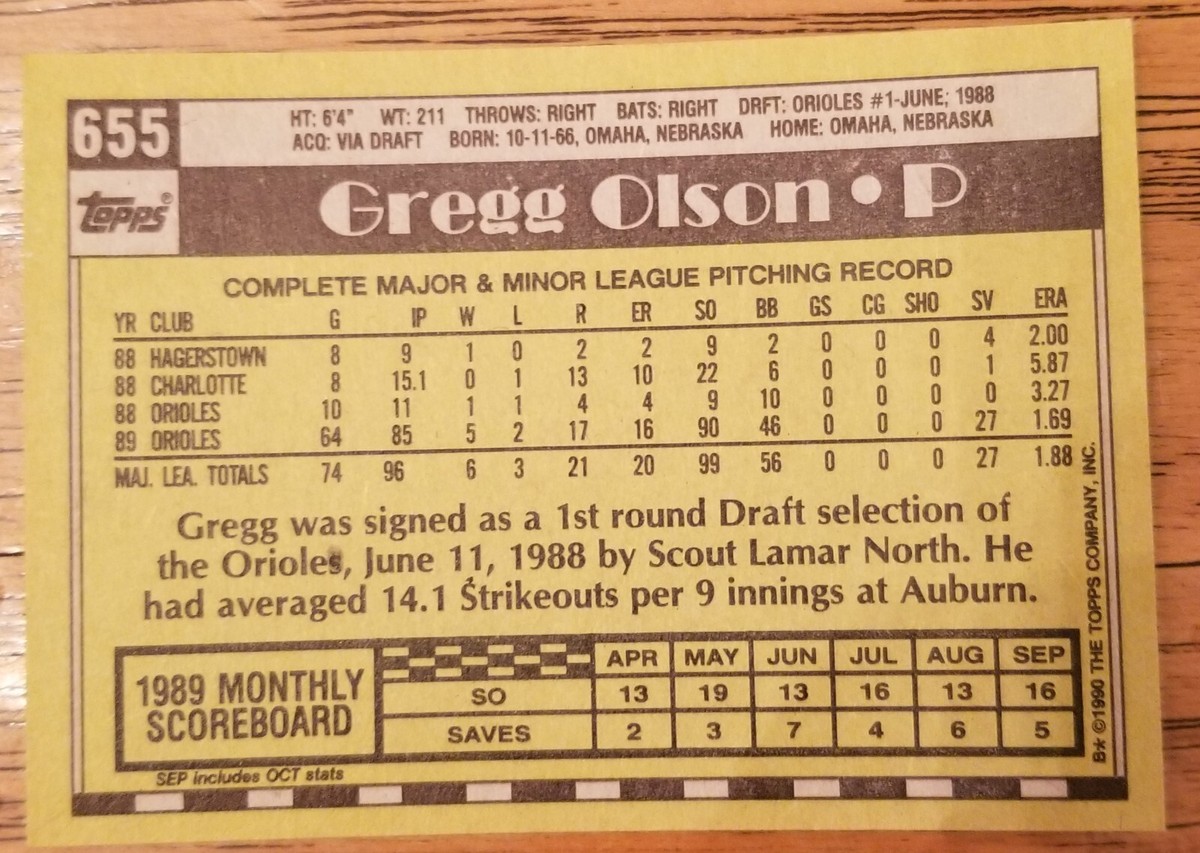 Greg Olson Baltimore Orioles 1990 Topps Baseball Card #655 Mint | eBay