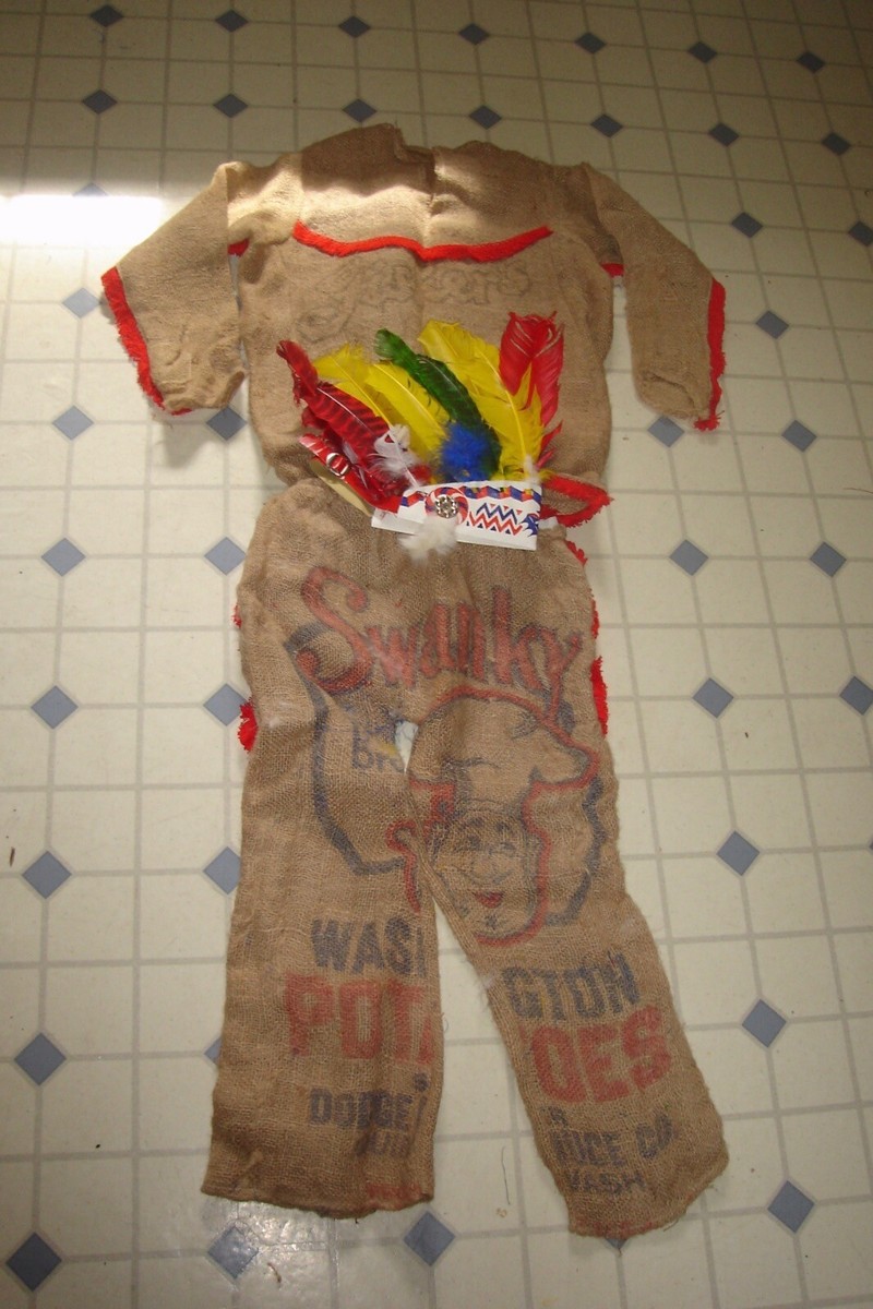 Vintage Homemade sewn halloween costume Indian BURLAP SACK FOLK