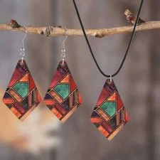 Vintage Wooden Pendant Earrings Geometric Necklace Set - Jewelry Sets