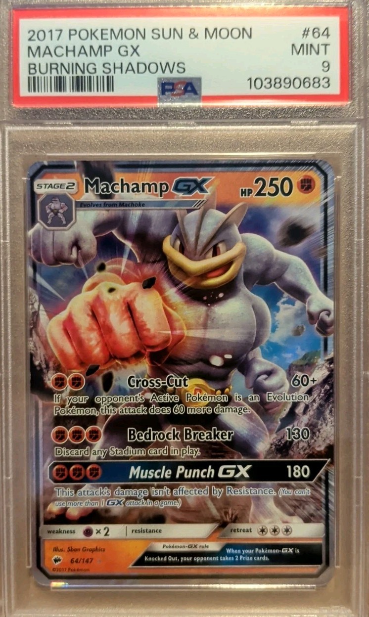 2017 POKEMON SUN & MOON BURNING SHADOWS #64 MACHAMP GX PSA 9