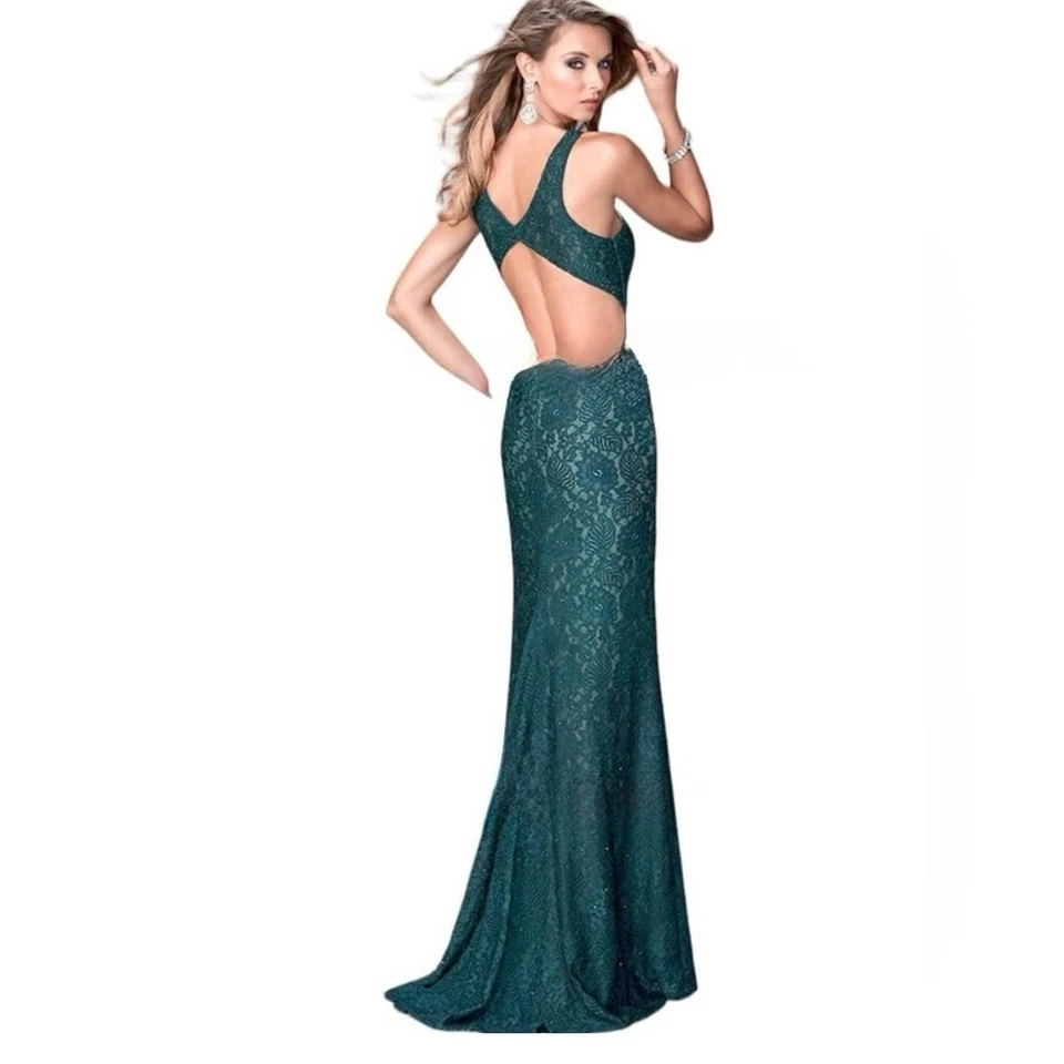 La Femme Green Cut Out Long Lace Dress Formal Gown Prom Size 6 #22614 $498 - Image 2 of 4