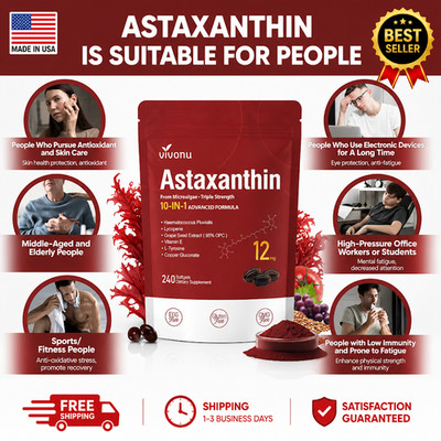 Astaxanthin 12mg 240 Softgels, 4 Month Supply,Triple Strength,Non-GMO,Eye Health