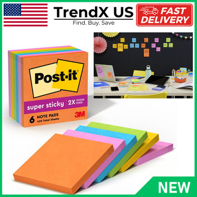 Post-it Super Sticky Full Stick Notes 6 Pads, 2x the Sticking Power Bright Color