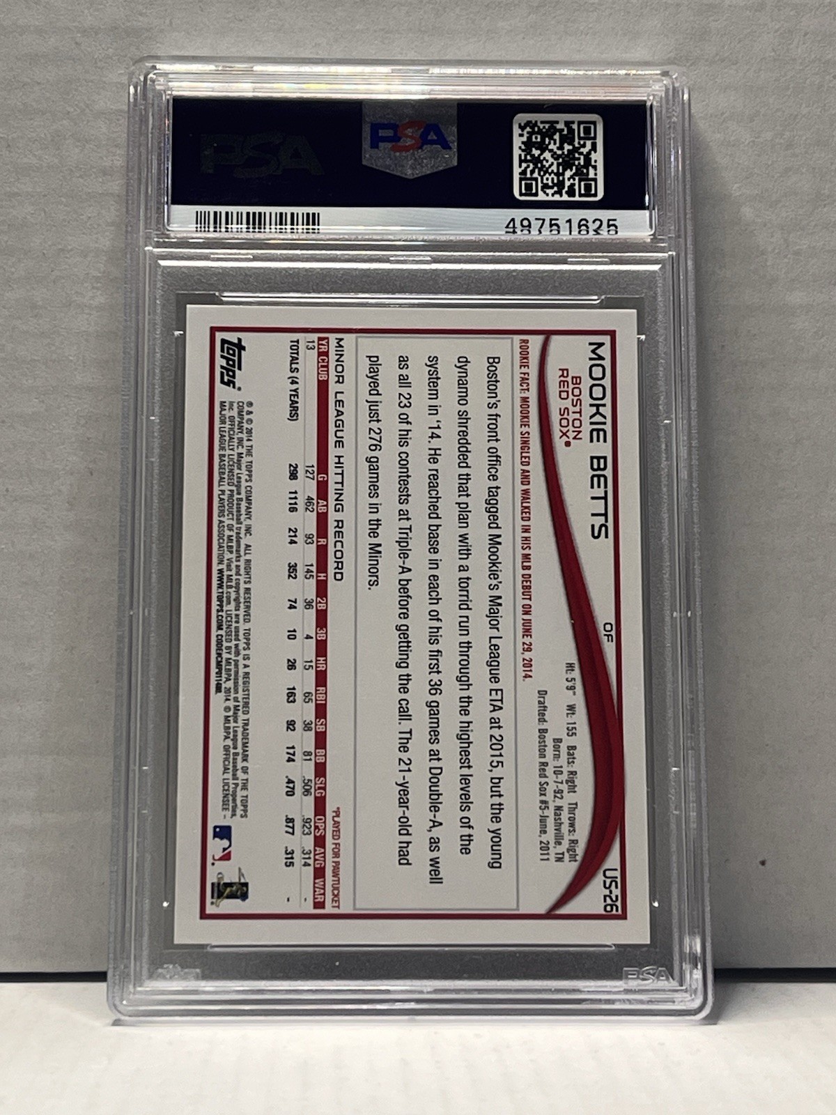 2014 Topps Update Mookie Betts Batting PSA 10 (RC) view 2