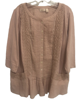 LOGO Lavish Lori Goldstein 1X Peasant Top Pink Crochet Trim Romantic Cottage