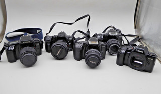 Job Lot 6 Vintage 35mm SLR Cameras Canon EOS Minolta Dynax Lenses Untested