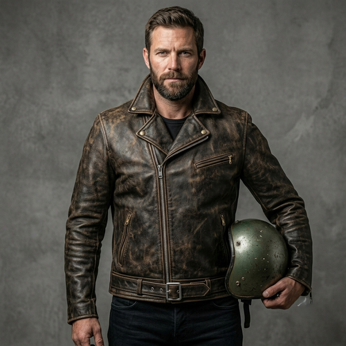 Mens Vintage Distressed Brown Leather Biker Jacket Asymmetric Motorcycle Coat - Afbeelding 1 van 4