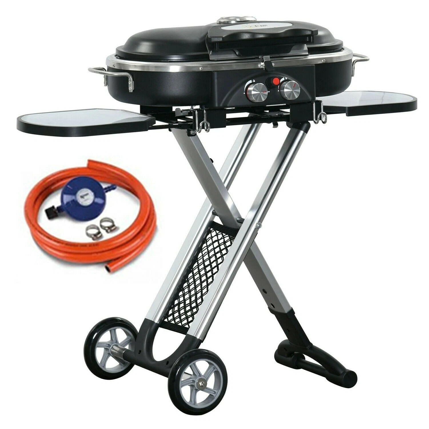 Portable 2 Burner Gas BBQ - Folding Suitcase Grill with Stand & Propane Regulato