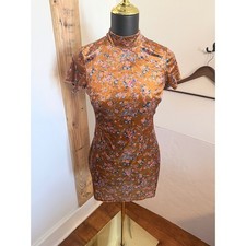 Savage X Fenty Velvet Floral Mini Dress Womens Small Gold Open Back w/ Mock Neck