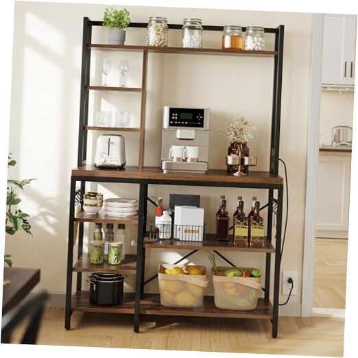  Microwave Stand Bakers Rack w Power Outlet, Coffee Bar Kitchen Freestanding 