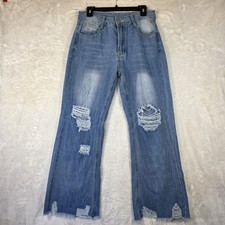Women's Distressed Wide-Leg Raw Hem Relaxed Mid Rise Light Blue Denim Jeans Sz 6
