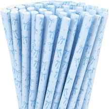 200Pcs Blue Bow Paper Straws Bowknot Drinking Straw Coquette Cute Disposable