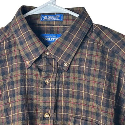 Pendleton Button Down Mens L Long Brown Plaid Sir Pendleton Worsted Wool