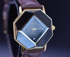 Vtg VIENNA Octagon Black Glass Watch Women Geometric 1980s NEW BATTERY & BAND