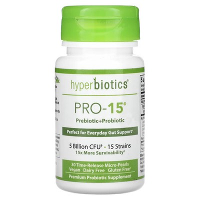 2 X Hyperbiotics, Pro-15, Prebiotic + Probiotic, 5 Billion CFU, 30 Time-Release