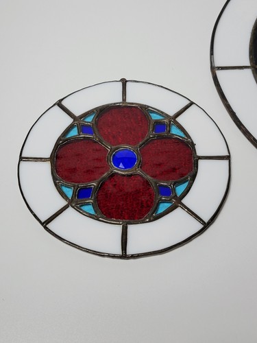 Vintage Stained Glass Suncatchers Matching Set Of 4 Round Floral - Picture 3 of 16