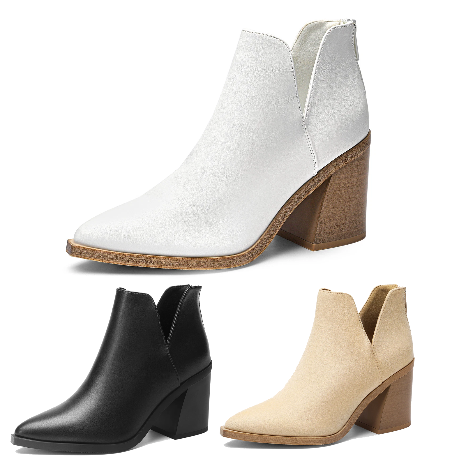 Women Back Zipper Booties Chunky Block Heel Pointed Toe Ankle Boots