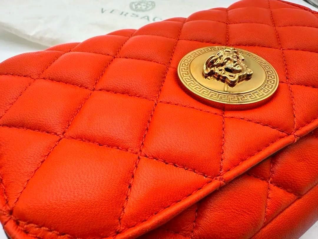Versace Orange Leather Quilted Shoulder Bag Gold Medallion Used thumbnail 2