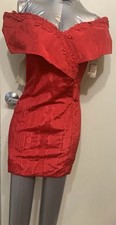 Red dress off shoulder embroider lace jr size fits petite women bridesmaids prom