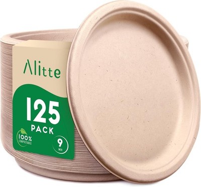 Compostable Plates, Disposable Heavy Duty Paper Plates - [125 Count] 9 Inch,