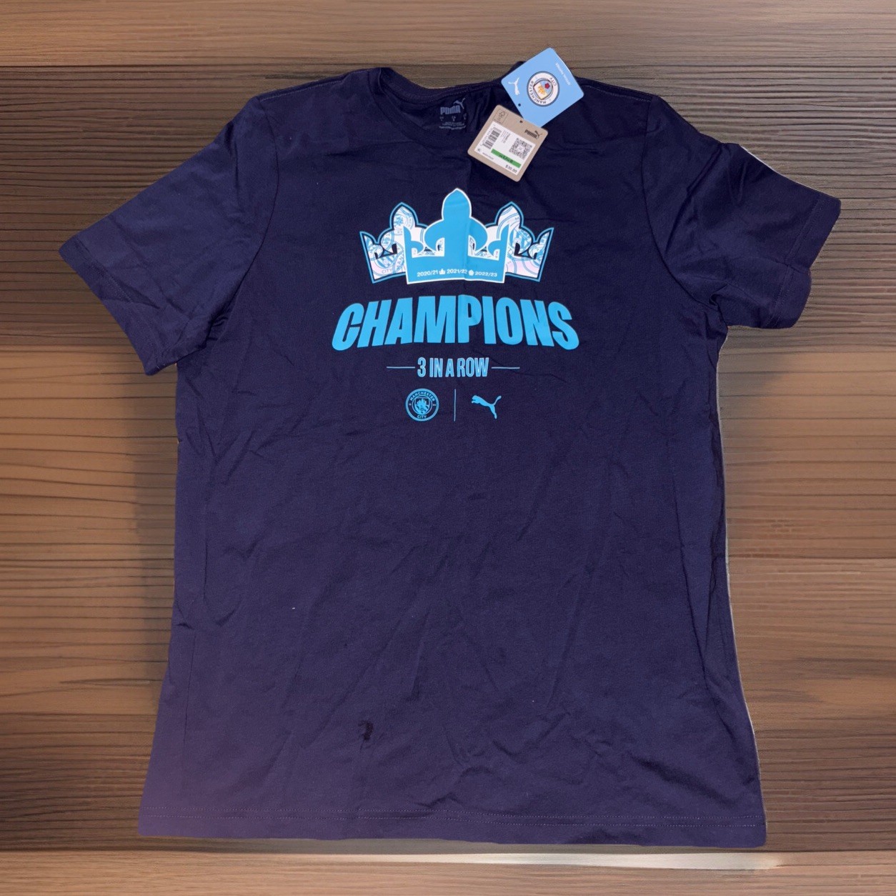 Camicia uomo Puma Manchester City FC Champions 3 in una fila blu navy nuova con etichette taglia L