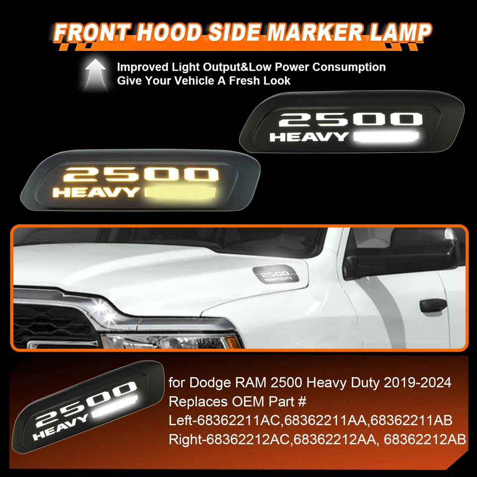 Luces LED de señalización lateral del capó para Dodge RAM 2500 Heavy Duty 2019-2024 Foto 3 de 4