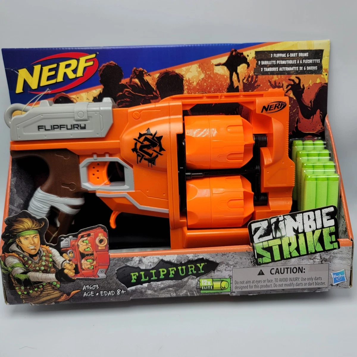 NERF Zombie Strike FlipFury Blaster - 2 Flipping 6-Dart Drums - Fire 6  Darts, Flip, Fire 6 More - 12 Nerf Zombie Strike Elite Darts (  Exclusive)