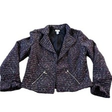 Chico  s Womens Purple Metallic Silver Boucle Textured Blazer Open Front Size S